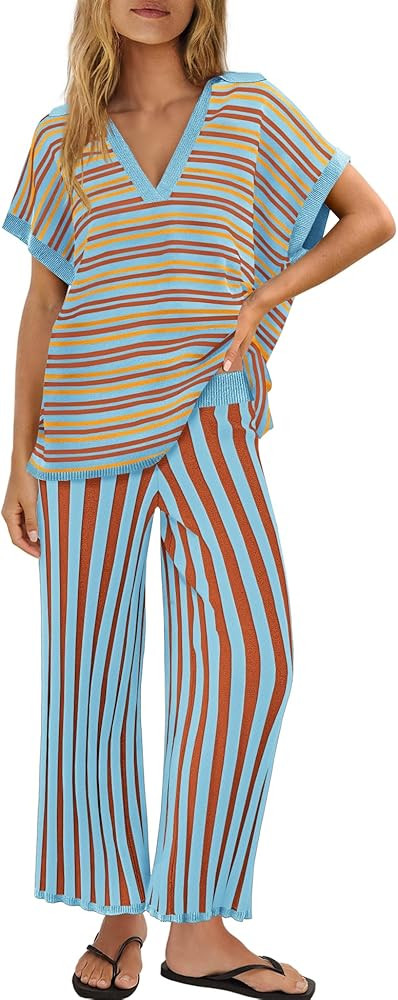 ReachMe Womens 2 Piece Striped Lounge Set Short Sleeve Top Wide Leg Pants Sets Summer Beach Vacat... | Amazon (US)
