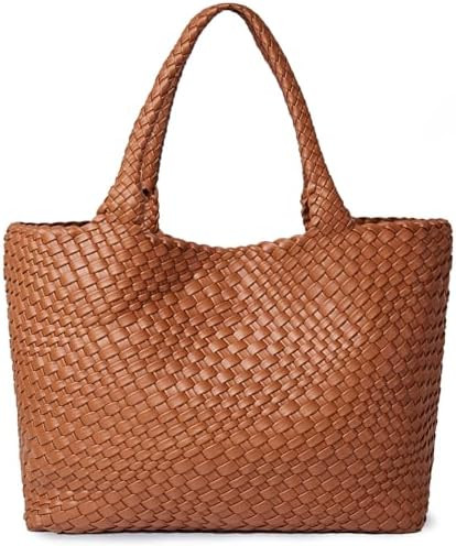 Woven Shoulder Bag for Women, Fashion Top Handle Soft Vegan Leather Shopper | Amazon (US)