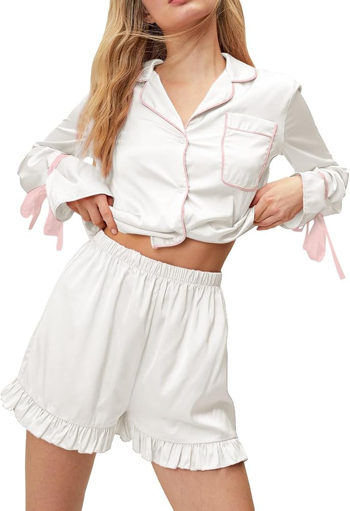Women Cute Satin Pajama Set Tie Bow Long Sleeve Button Shirt and Shorts Preppy Pjs Set Sleepwear ... | Amazon (US)