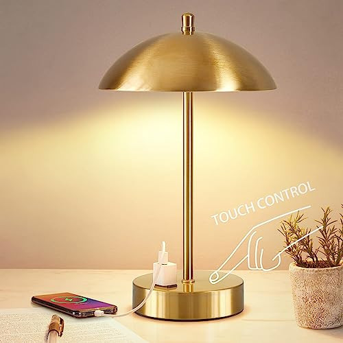 Modern LED Desk Lamp with AC Adapter,12" 3-Way Dimmable Touch Bedside Reading Lamp, Minimalist Gold Small Nightstand Table Lamp with Mushroom Dome Shade for Bedroom Living Room Office, Bulb Included | Amazon (US)