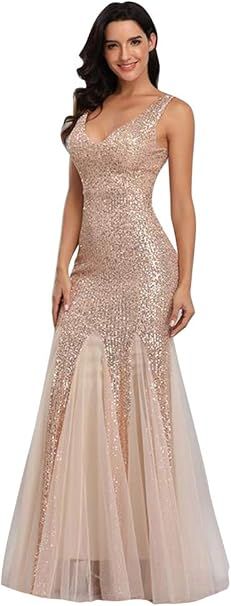 Sleeveless Double V-Neck Long Mermaid Sequin Formal Evening Dresses | Amazon (US)