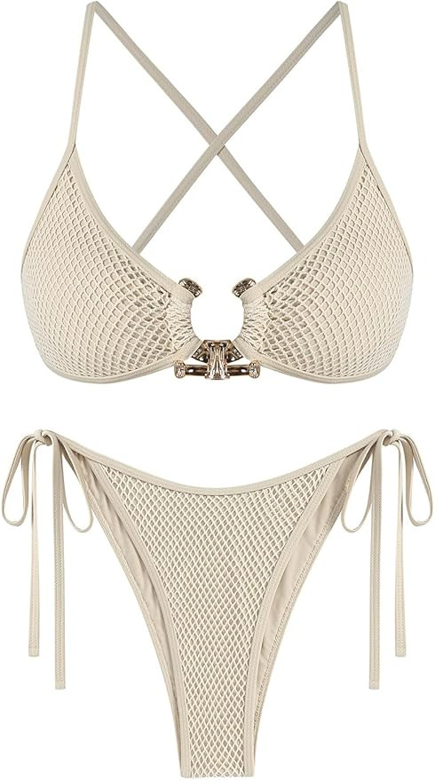ZAFUL Women's Sexy Cutout Bikini Set High Cut Textured Metal Ring Cheeky Swimsuit Two Piece Bathi... | Amazon (US)