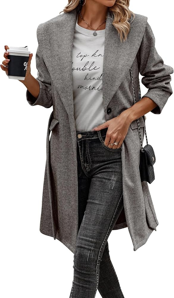 ECOWISH Women Coat Long Jacket: Winter Fashion Long Sleeve Lapel Casual Overcoat With Belt | Amazon (US)