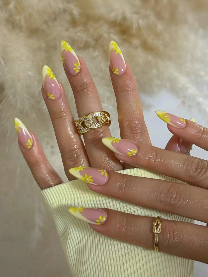 Elevate Your Style With, 24Pcs/Set French Almond Press On Nails Tips Flower With Pearls Design Ac... | SHEIN