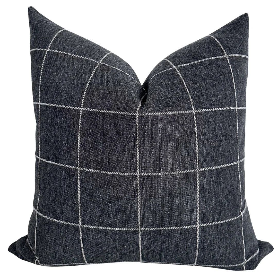 Blue Charcoal Plaid Pillow Cover, Plaid Pillow Cover, Decorative Pillow Cover, Black Pillow, Larg... | Etsy (US)