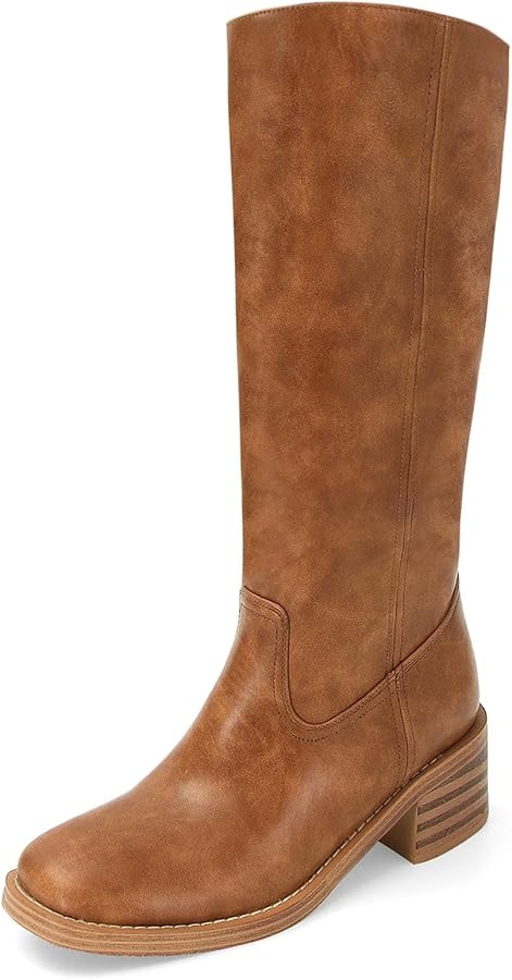 Womens Banana Knee High Boots Square Toe Comfortable Campus Boots Block Heel Riding Boots Wide Ca... | Amazon (US)