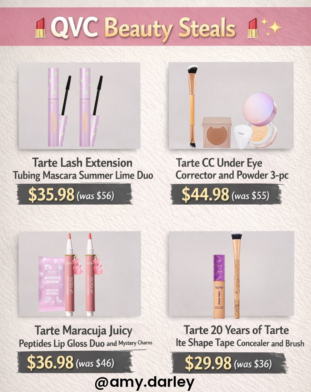 💄 QVC Beauty Steals Right Now ✨

Such good pricing on some Tarte favorites 👏

✨ Lash Extension Tubing Mascara Duo – $35.98 (was $56)
✨ CC Under Eye Corrector 3-pc – $44.98 (was $55)
✨ Maracuja Juicy Peptides Lip Gloss Duo – $36.98 (was $46)
✨ 20 Years of Tarte Shape Tape + Brush – $29.98 (was $36)

QVC is one of my favorite places to grab beauty because they bundle products, run special pricing, and often offer Easy Pay options. @QVC #LoveQVC #ad

Everything is linked here for you 🤍

#QVCPartner #QVCBeauty #LTKbeauty #LTKsalealert #LTKunder100

#LTKmomlife #LTKBeauty #LTKSaleAlert