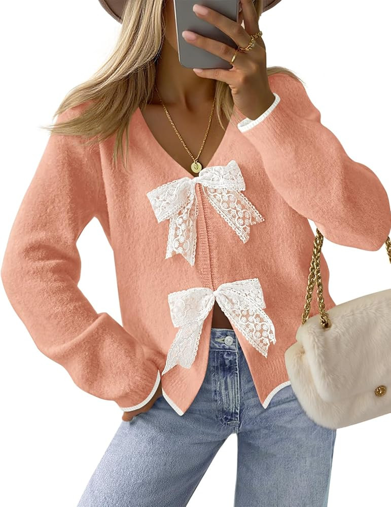 MEROKEETY Women's Tie Front Bow Cardigan Sweaters 2025 Long Sleeve Chunky Knit Cute Trendy Fall W... | Amazon (US)