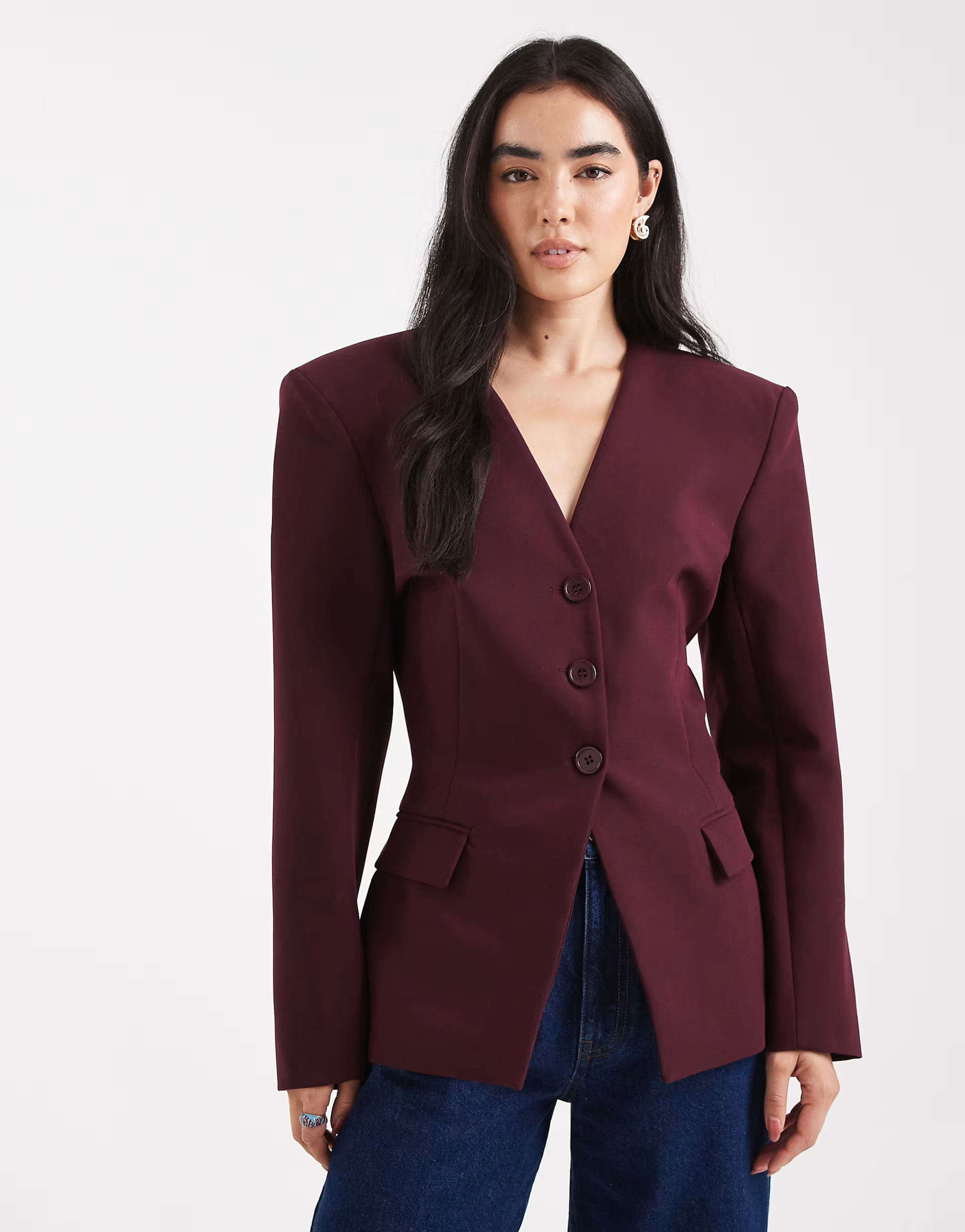 ASOS DESIGN cinch collarless 3 button blazer in plum | ASOS | ASOS (Global)