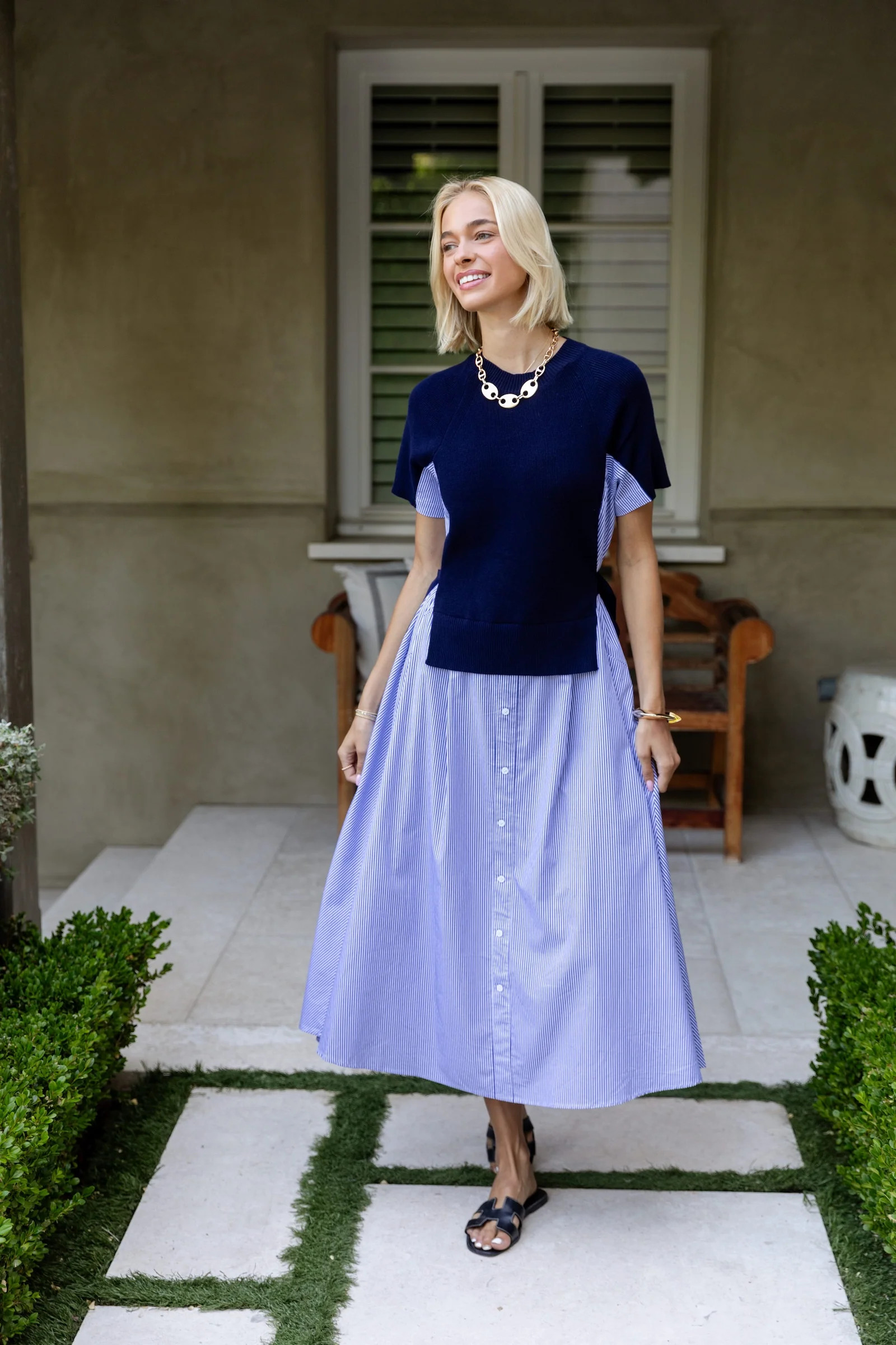 Charlene Blue and White Striped Dress with Navy Accents | Benaar La