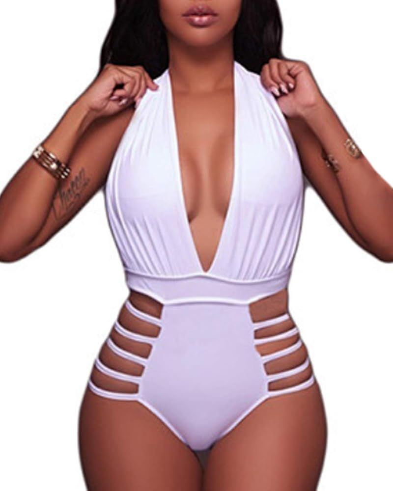 Aqua Eve Women Sexy One Piece Swimsuits Halter Plunge V Neck Cutout Bathing Suits | Amazon (US)