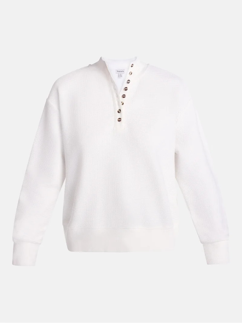 Scenario Women's and Women's Plus Waffle Knit Button Top with Long Sleeves, Sizes XS-4X | Walmart (US)