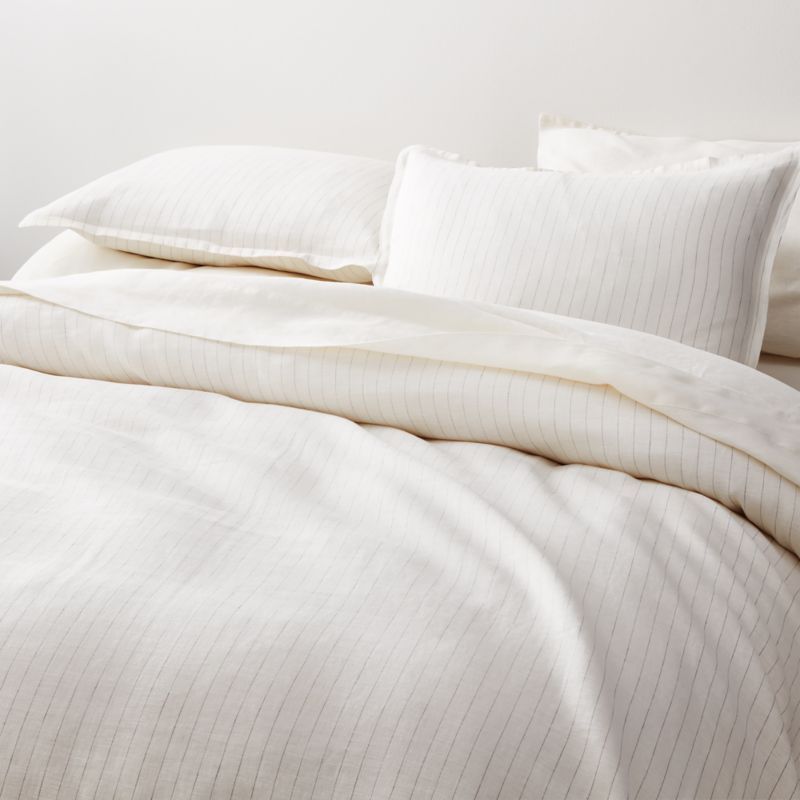 Pure Linen Pinstripe Warm White Duvet Covers and Pillow Shams | Crate & Barrel | Crate & Barrel