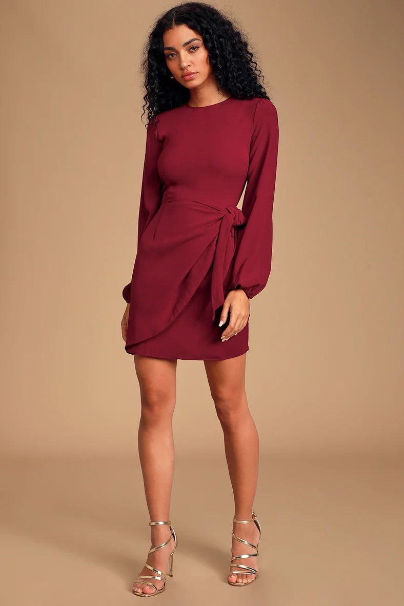 Believe It or Knot Wine Red Long Sleeve Tie-Front Skater Dress | Lulus (US)
