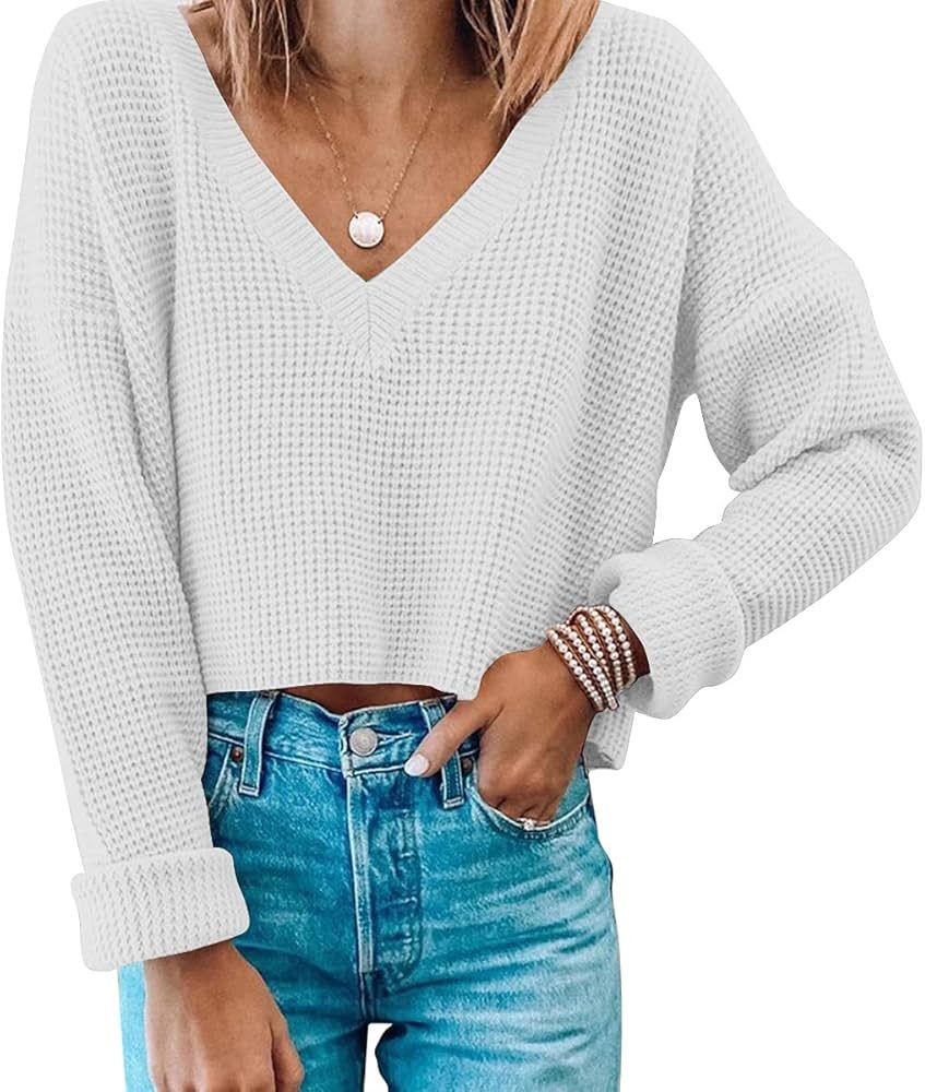 Jumppmile Womens V Neck Waffle Knit Cropped Top Long Sleeve Pullover Crop Sweater | Amazon (US)