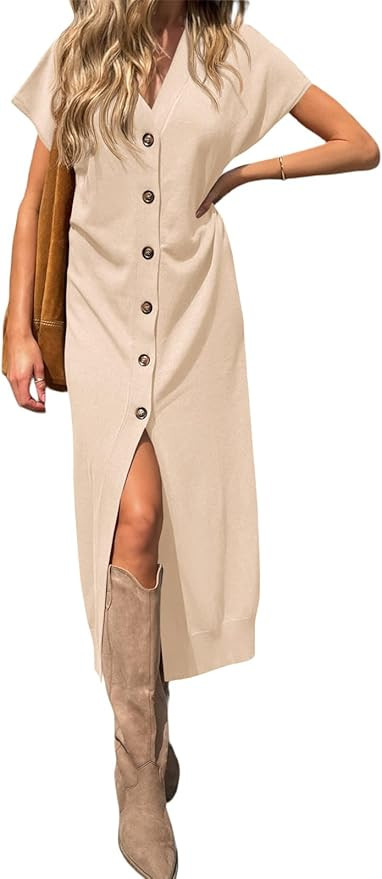 Saodimallsu Womens Long Cardigans Lightweight Short Sleeve Button V Neck Loose Knit Casual Summer... | Amazon (US)