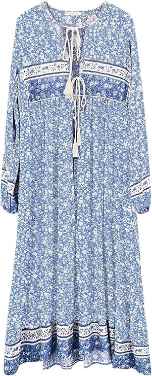 R.Vivimos Women's Long Sleeve Floral Print Retro V Neck Tassel Bohemian Midi Dresses | Amazon (US)