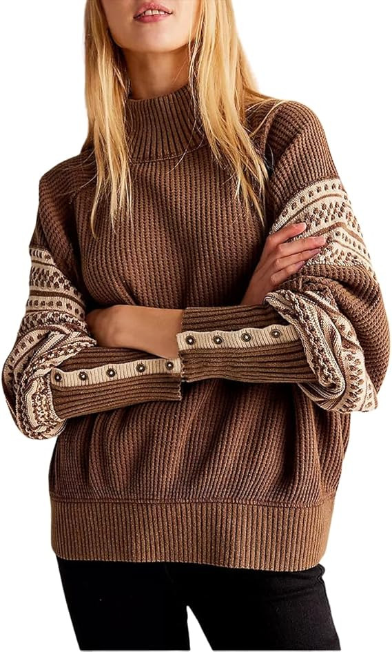 chouyatou Women's Fall Tribal Patterned Pullover Sweater Mock Neck Color Block Knit Jumper Sweate... | Amazon (US)