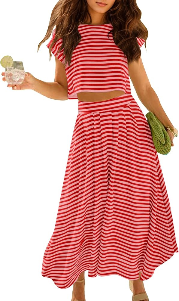 MISSACTIVER Women 2 Piece Lounge Set Striped Cap Sleeve Crop Tee Shirts High Waist Maxi Skirt Sum... | Amazon (US)