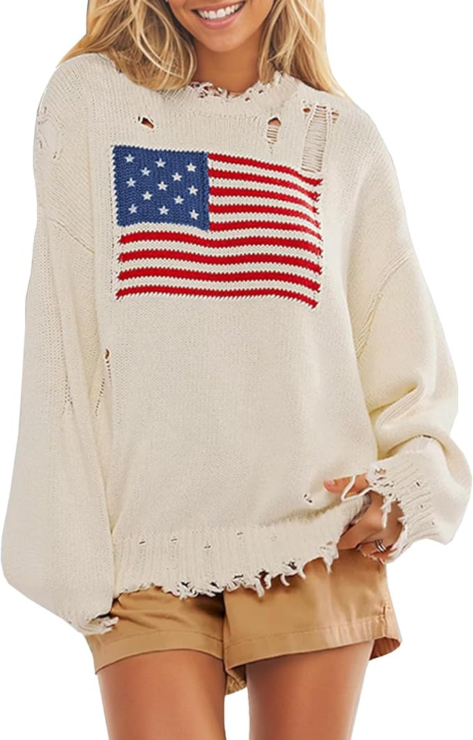 Womens American Flag Sweater Casual Ripped Crew Neck Long Sleeve Knit Pullover Tops | Amazon (US)