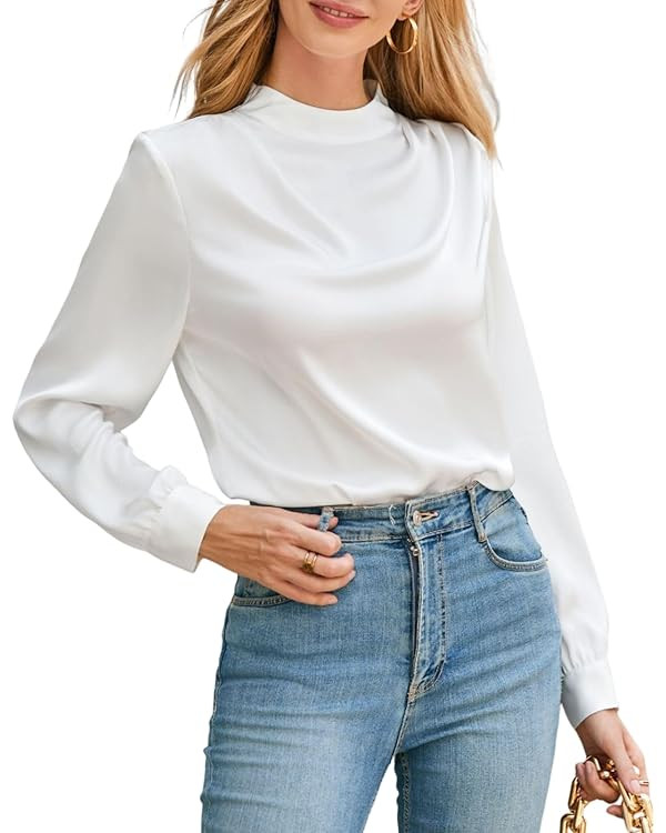 Kate Kasin Women's Silk Satin Mock Neck Ruched Front Long Sleeve Elegant Blouse Top | Amazon (US)