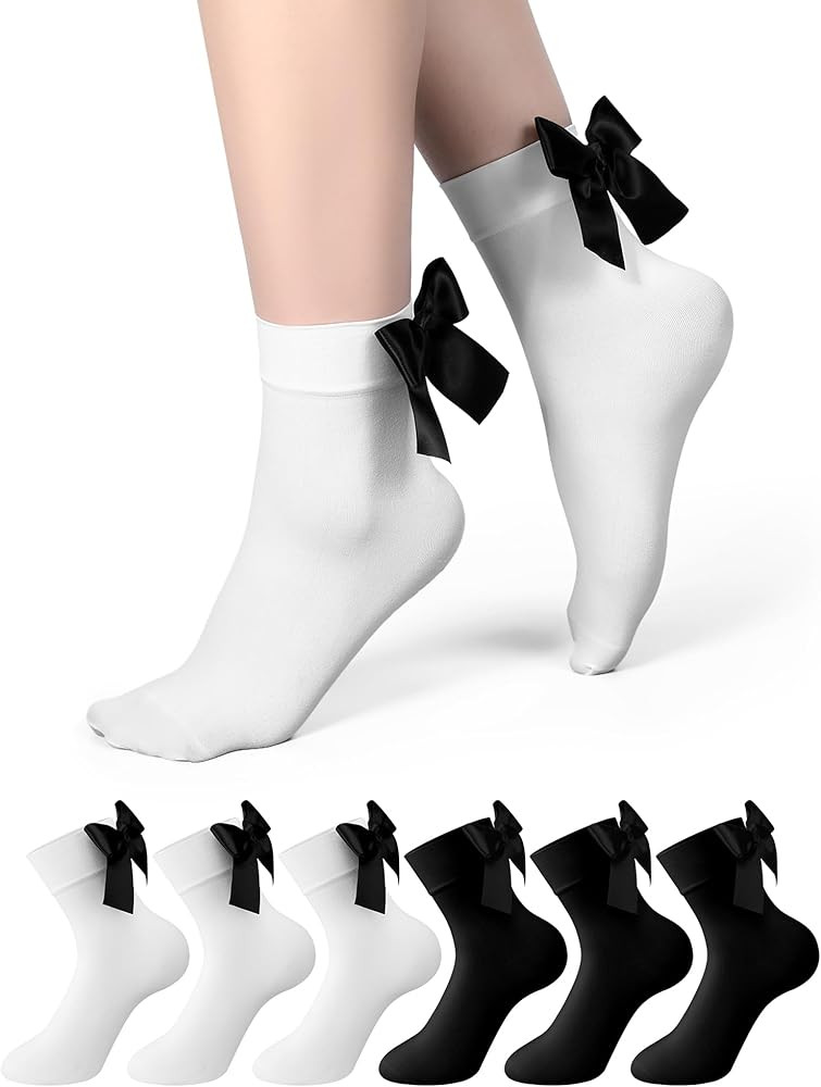 6 Pairs Bows Socks Women Ankle Socks White Black Nylon Satin Socks with Bows Soft Casual Dress So... | Amazon (US)