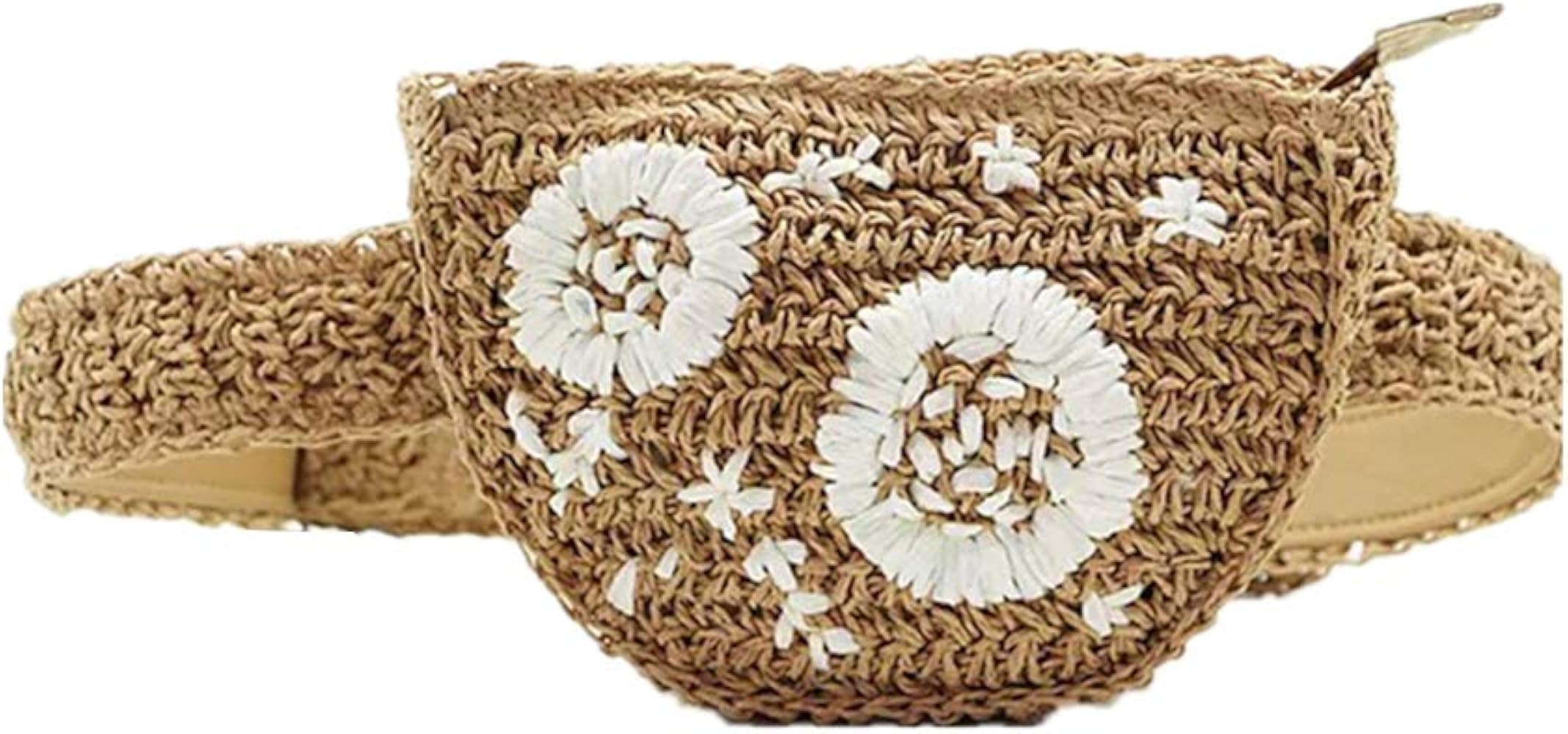 Cute Fashion Summer Straw Zipper Waist Bag Weave Flower Belt Bags with Leather Shoulder Strap Che... | Amazon (US)
