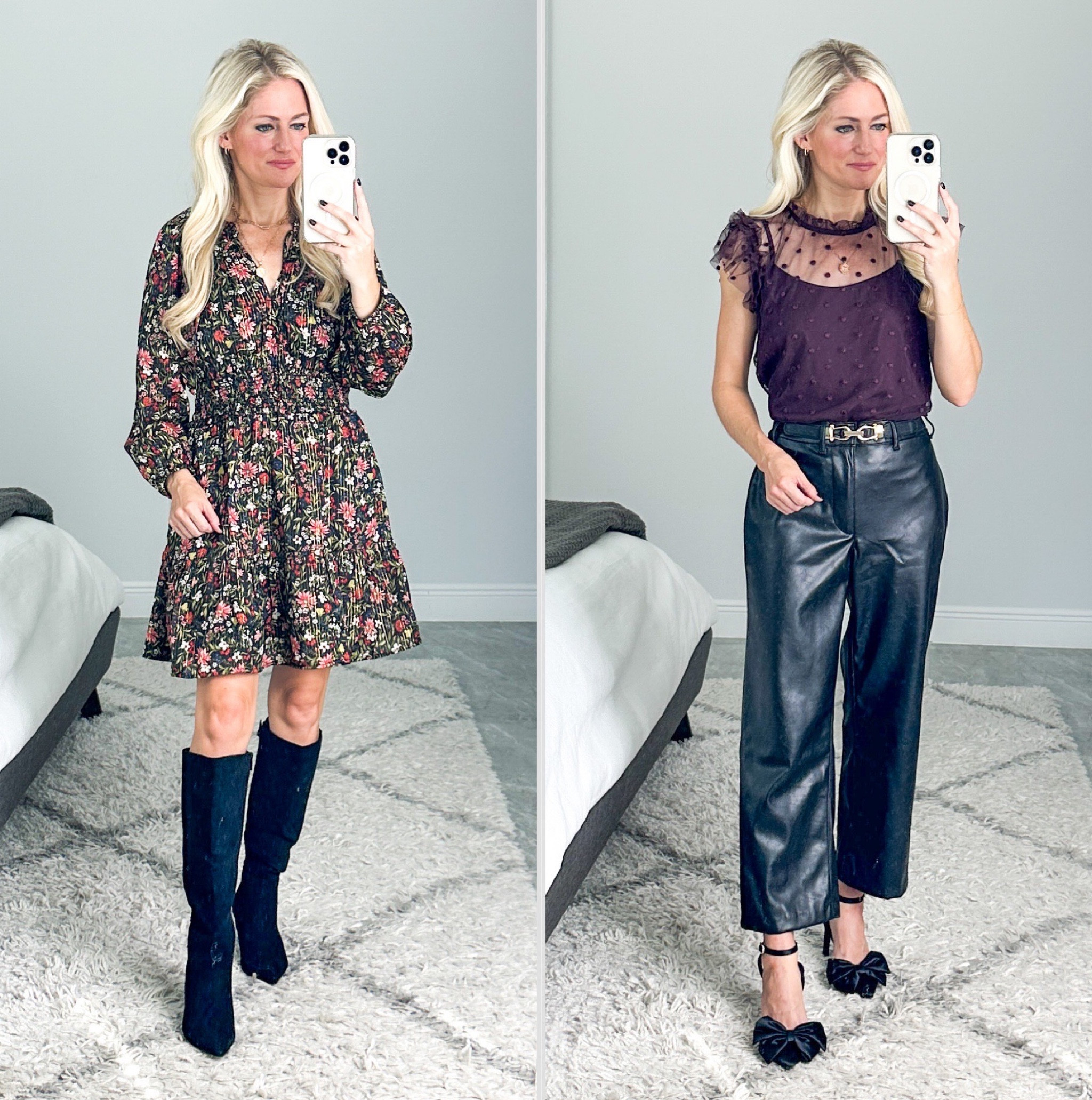 Old Navy holiday looks. Dress has a gold shimmer, elastic waist, and pockets. I’m wearing petite length. Sheer top with ruffle sleeves and faux leather wide leg ankle pants. 

#LTKstyletip #LTKfindsunder50 #LTKHoliday