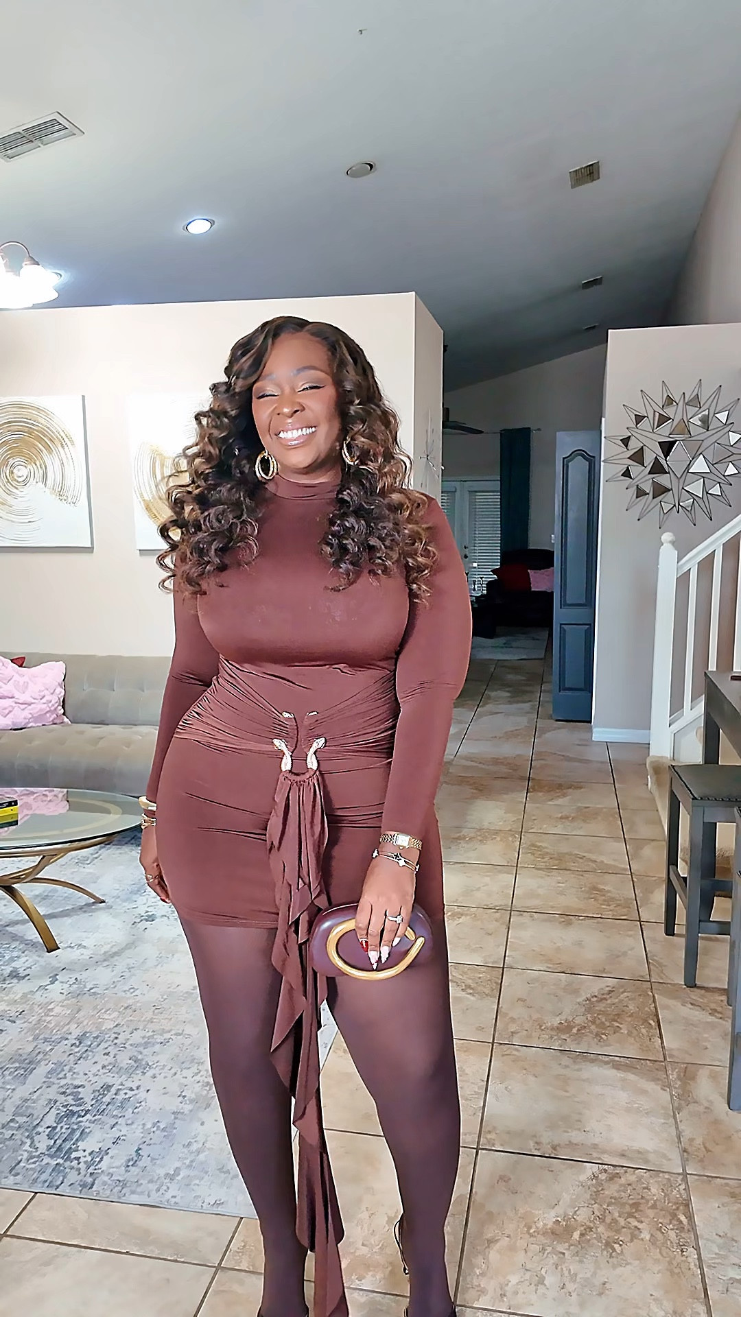 OOTN! ✨🤎

Dress: FashionNova “In the moment long sleeve mini dress - Chocolate” in 1X 
Shoes - Jessica Simpson
Purse, jewelry- @amazon
Scent - Lattafa Angham + YSL Libre
Hair - LuvMe Hair All Day Comfort Brown highlights Funmi Curly 7x6 glueless 24 inches (Use code "DA11" for 32% off) 
