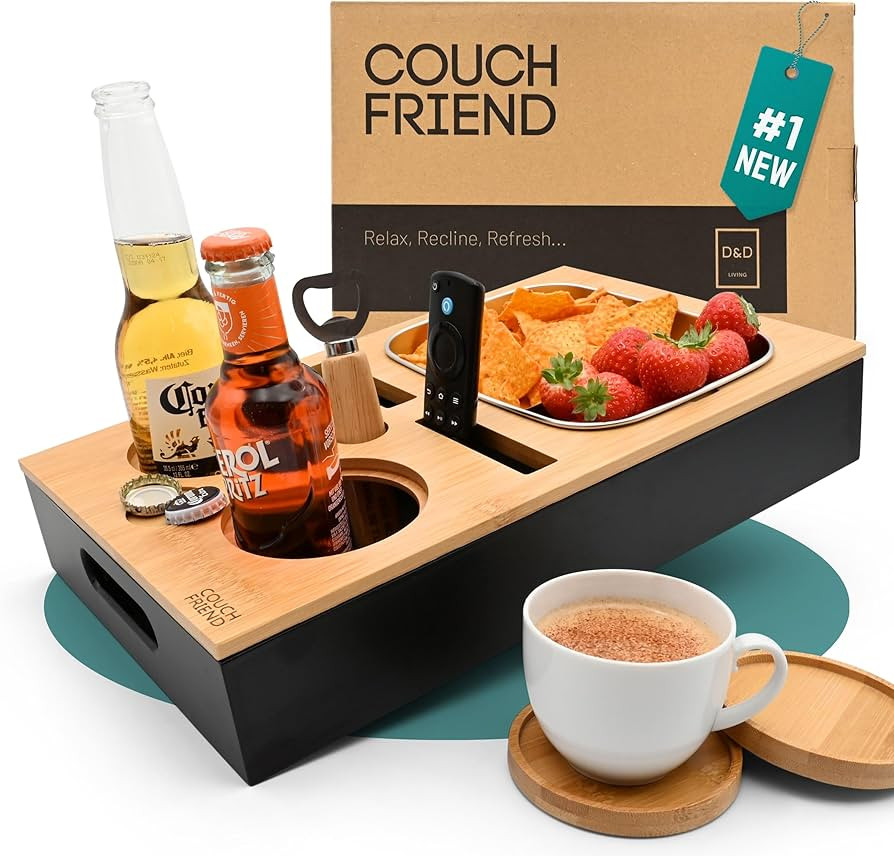 D&D Living® Couch Caddy - Bamboo Couch Console | Anti-Spill Drink and Cup Holder | Snack Organiz... | Amazon (US)