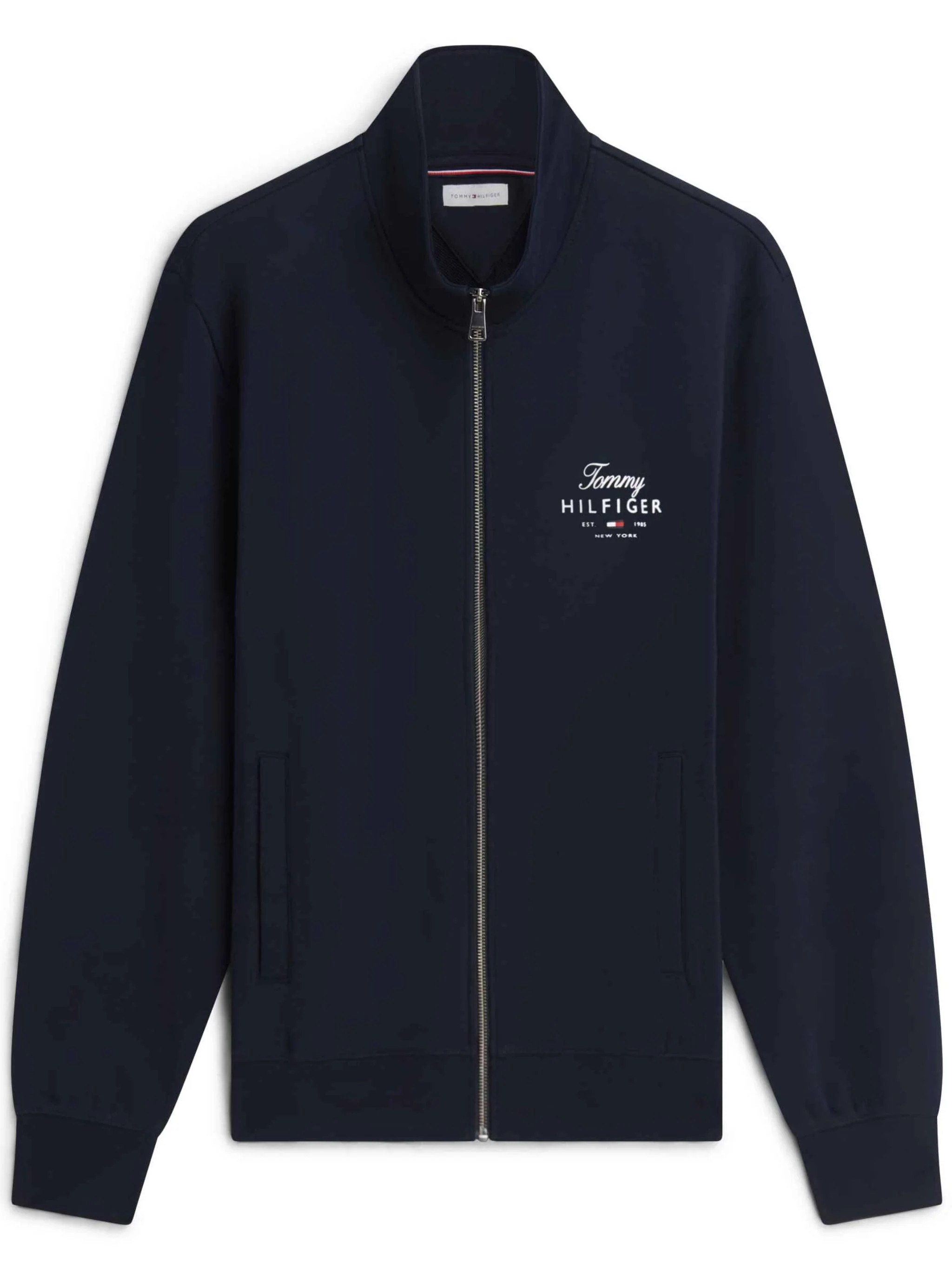 Zip-Up Dark Navy Jacket With Stand Collar And Script Logo | Shop Simon