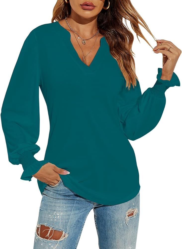 Romanstii Women Casual V-Neck T-Shirts Loose Puff Short-Sleeve Tops Tunic Blouse | Amazon (US)