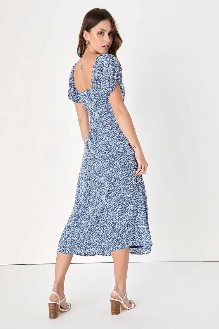 Pleasant Perfection Blue Floral Print Puff Sleeve Midi Dress | Lulus (US)