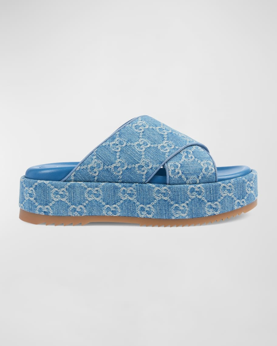 Gucci Angelina GG Denim Crisscross Platform Sandals | Neiman Marcus