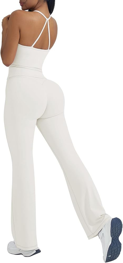 OMKAGI 2 Piece Workout Sets for Women Padded Tank Tops Flare Leggings Pilates Outfits | Amazon (US)