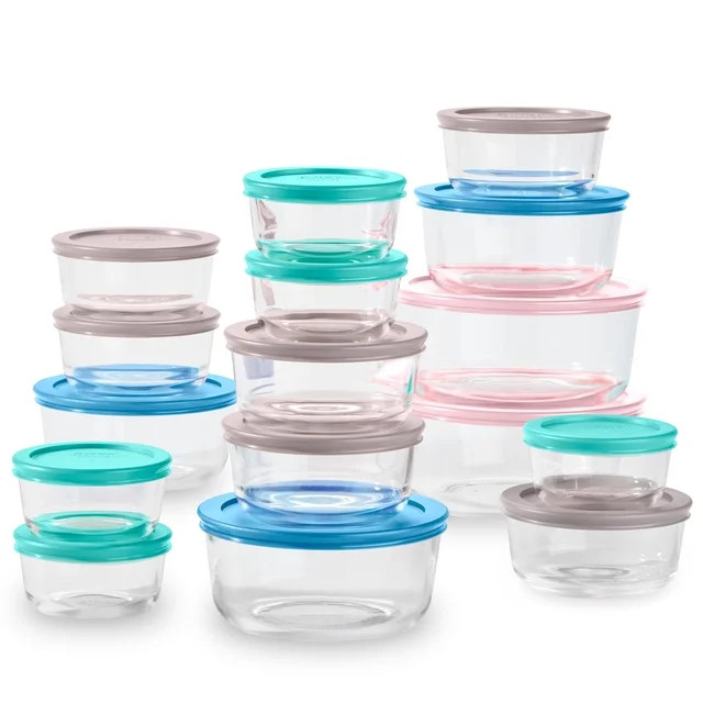 Pyrex Simply Store Glass Food Storage & Bake Container Set, 32 Piece with Multicolor Lids | Walmart (US)