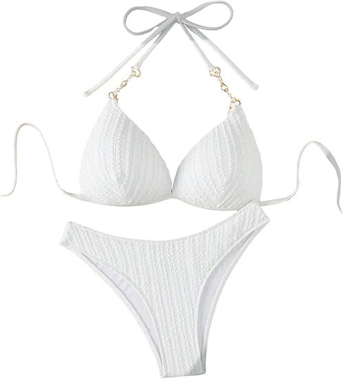 SHENHE Women's Push Up 2 Piece Halter Swimsuits High Cut Triangle Chain Linked Bikini | Amazon (US)