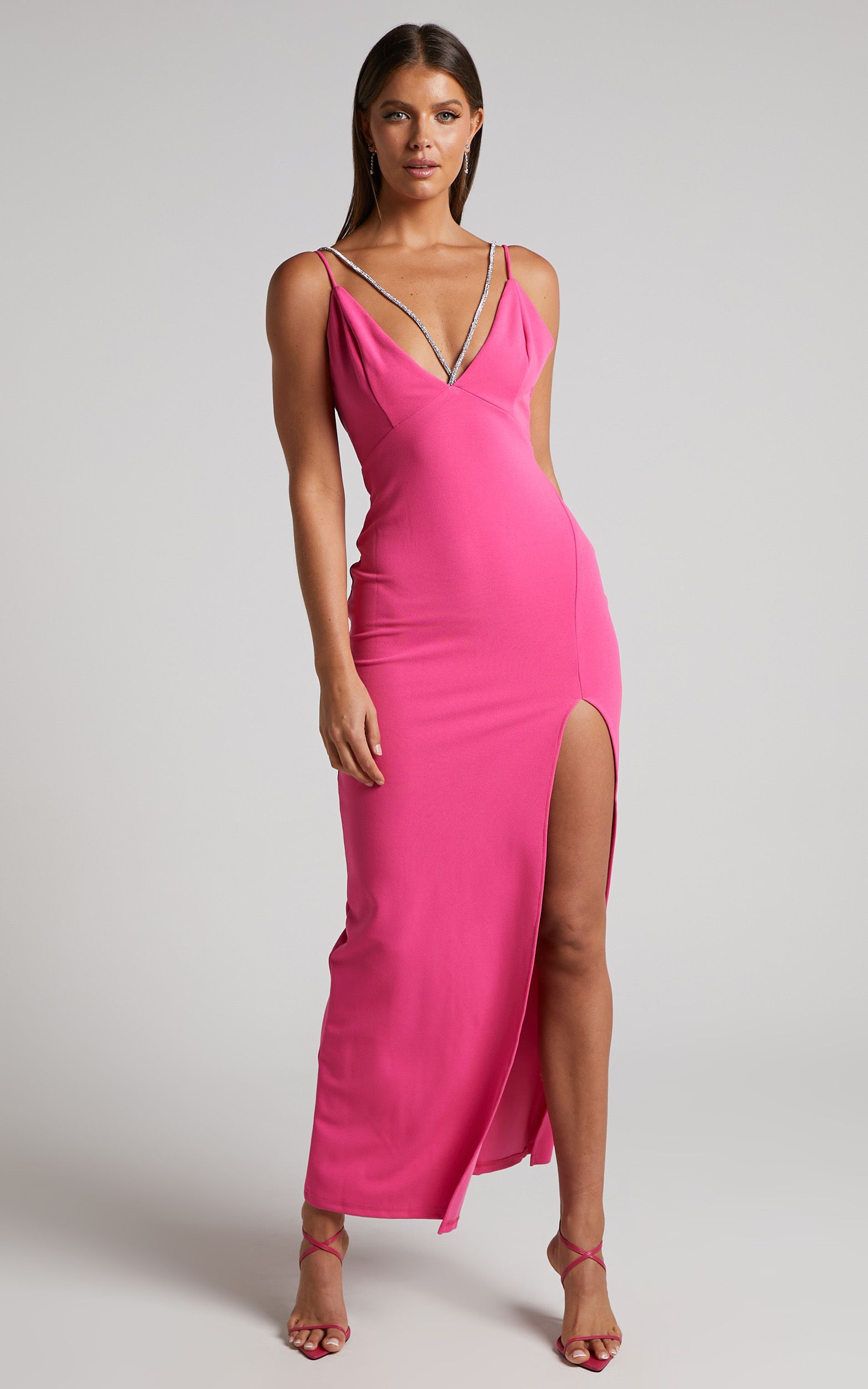 Charity Maxi Dress - Diamante Strap Detail Plunge Dress in Hot Pink | Showpo (US, UK & Europe)