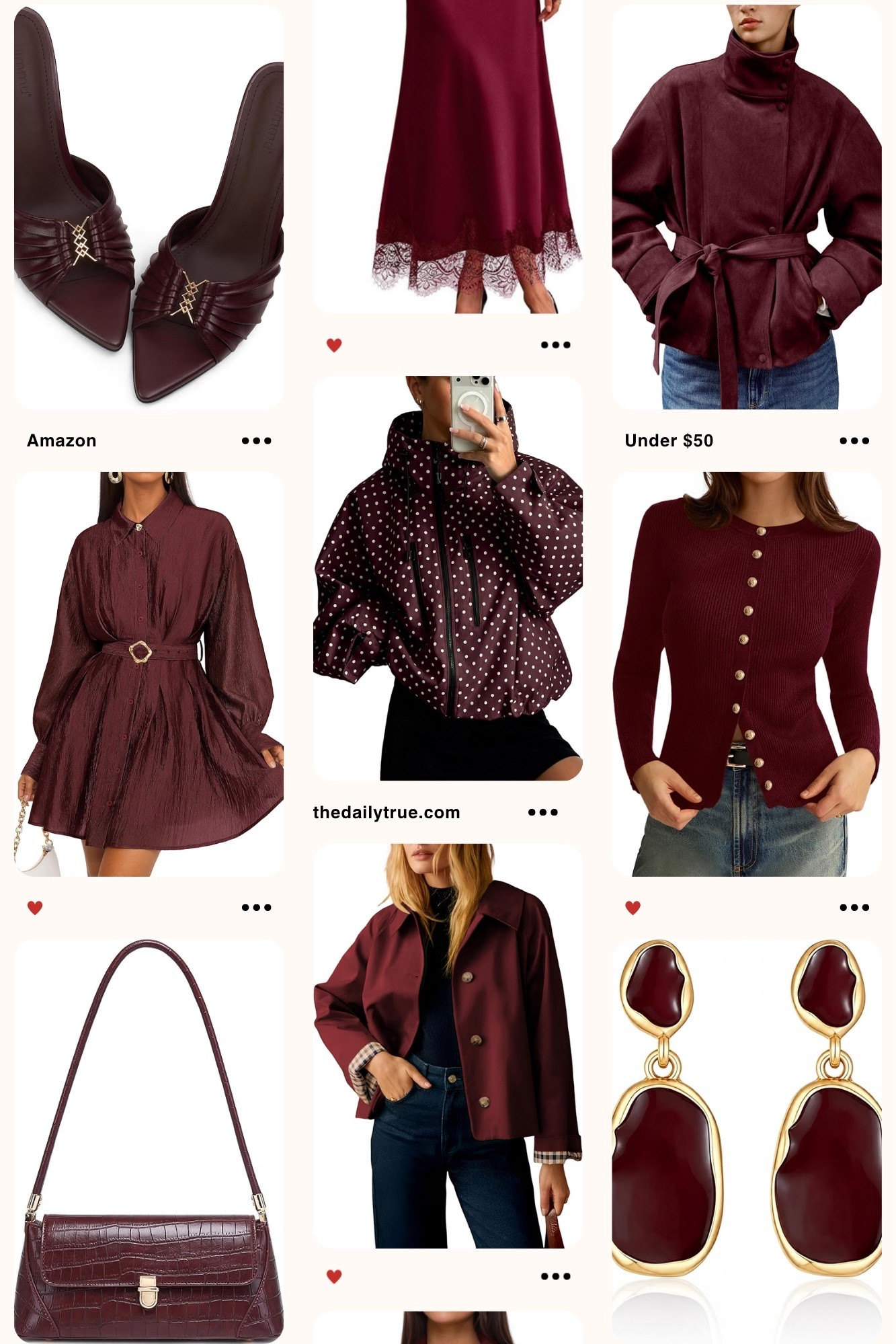 Amazon burgundy aesthetic 🥹 something about that dark wine gets me every time for Fall and Winter 

Fall outfit winter outfit belted dress polka dot jacket affordable under $50 handbag earrings trending trendy satin skirt lace cardigan plaid croc belted crop trench classy old money

#LTKWorkwear