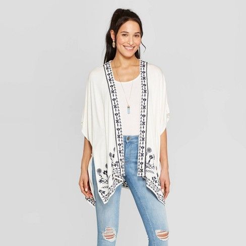 Women's Short Sleeve Knit Kimono With Embroidery Jacket - Knox Rose™ White | Target
