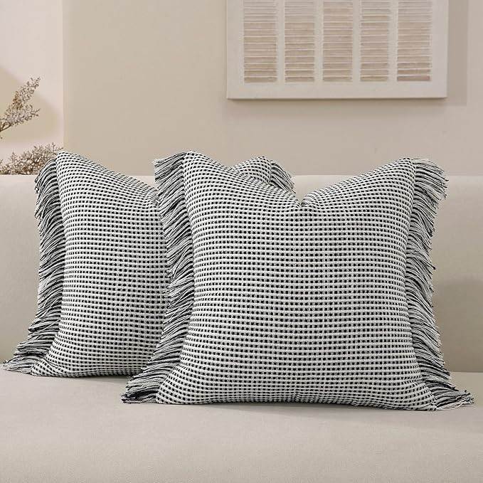Handmade Tassel Boho Striped Fringe Pillow Covers Set of 2-18x18 Inch | Amazon (US)