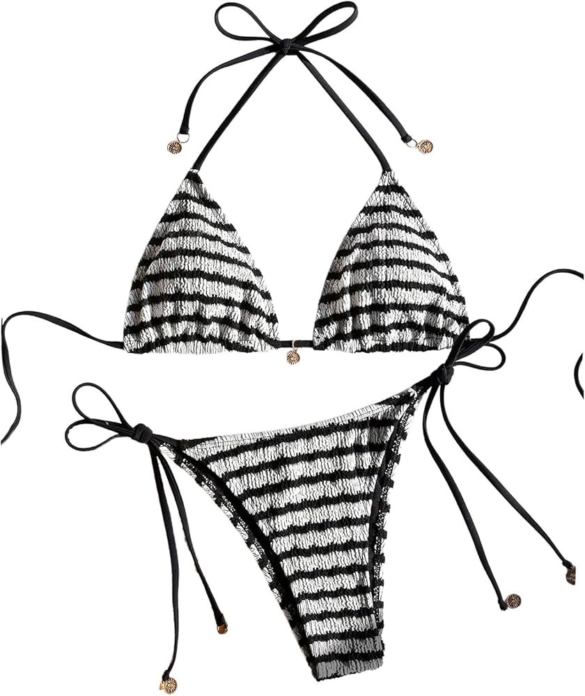 MakeMeChic Women's Striped Triangle Thong Micro Bikini Sets Halter Swimsuits Bathing Suit | Amazon (US)