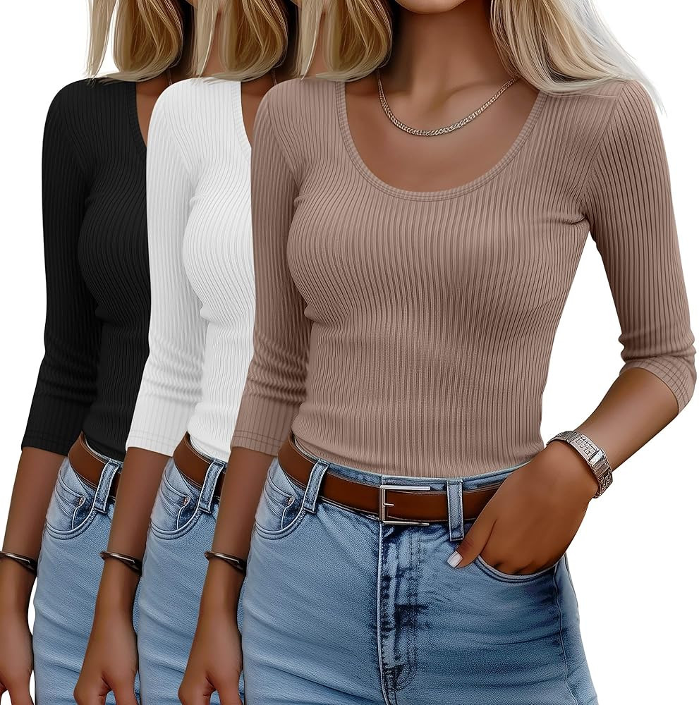3 Pack Women's 3/4 Sleeve T Shirts Basic Scoop Neck Ribbed Knit Slim Fit Tops 2025 Summer Casual ... | Amazon (US)