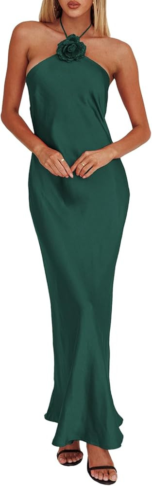 Summer Satin Halter Backless Maxi Dresses for Women 2025 Silk Sleeveless Formal Wedding Guest Lon... | Amazon (US)