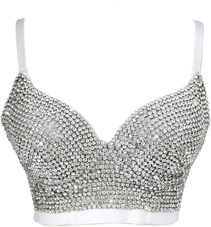 atokiss Women's Handmade Rhinestone Shining Diamond Push up Bustier Club Party Bra Cropped Top Ve... | Amazon (US)