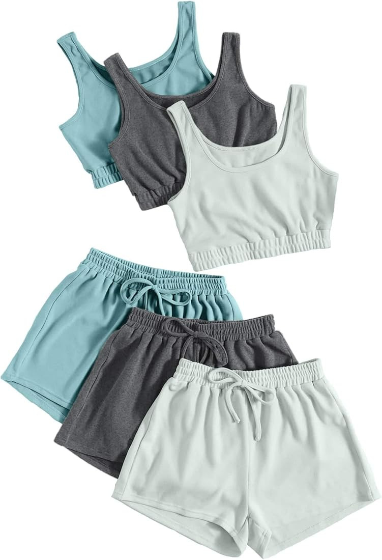 SheIn Women's 6 Pieces Outfits Tank Crop Top and Elastic Waist Shorts Lounge Set | Amazon (US)