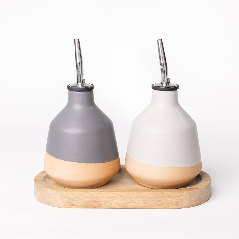 Ceramic Oil and vinegar Dispenswe Bottle With Acacia Tray | Amazon (US)