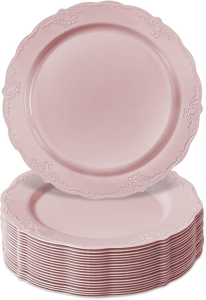Silver Spoons Disposable Plates For Party - (10 Piece) Heavy Duty Disposable Dinner Set, Pink, Gr... | Amazon (US)