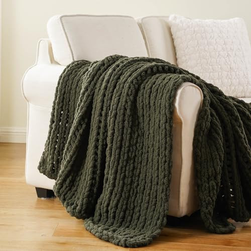 Battilo Olive Green Chunky Knit Throw Blanket, Soft and Thick Green Chenille Throw Blanket, 50"x60" Handmade Cable Knit Crochet Blanket, Rope Knot Knitted Throw Blankets for Couch Sofa Home Decor | Amazon (US)