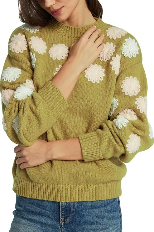 D-Sun Women Crewneck Sweater Long Sleeve Floral Embroidery Knit Pullover Sweater Flower Color Blo... | Amazon (US)